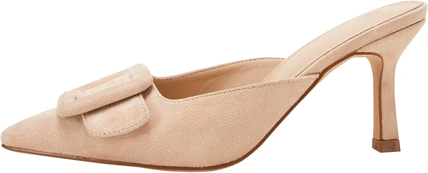 VETASTE Women's Heeled Mules Pointed Toe Suede Buckle Slip On Sandals Kitten Heels Party Wedding Shoes