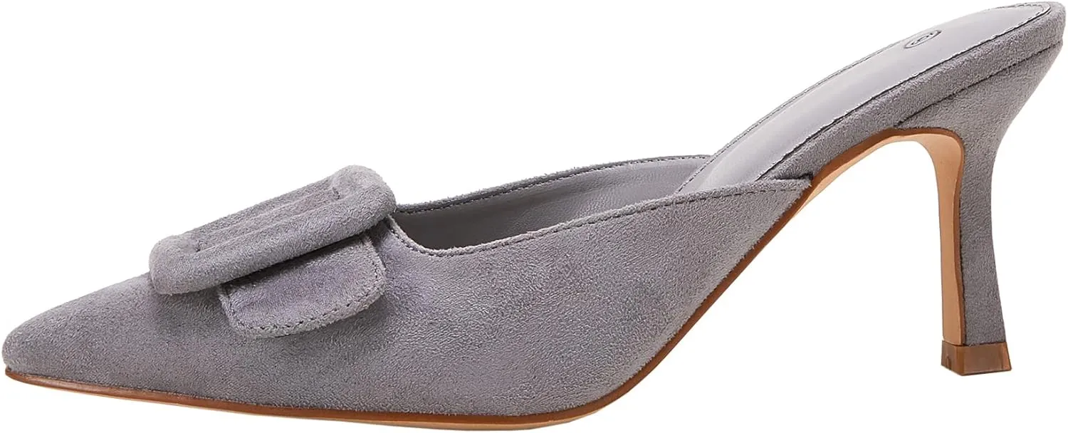VETASTE Women's Heeled Mules Pointed Toe Suede Buckle Slip On Sandals Kitten Heels Party Wedding Shoes