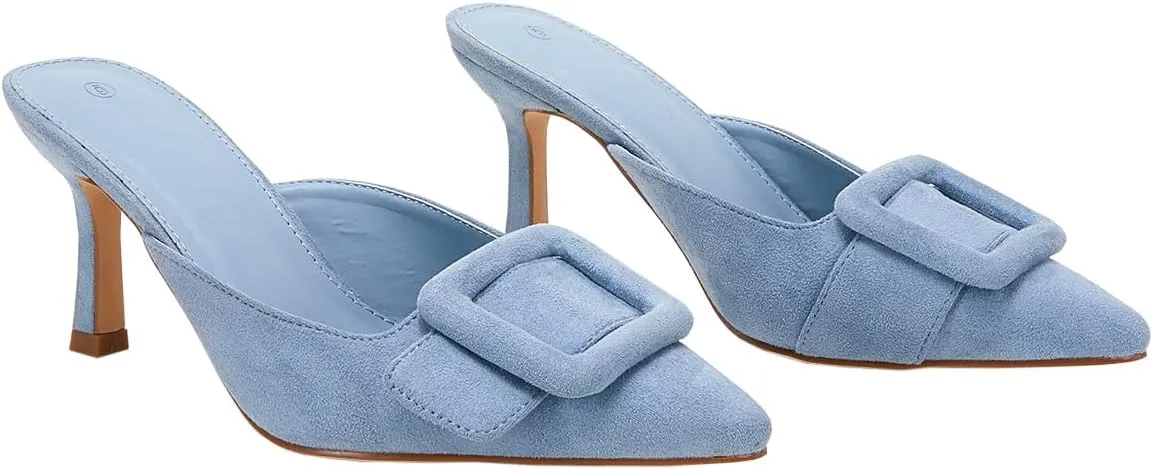 VETASTE Women's Heeled Mules Pointed Toe Suede Buckle Slip On Sandals Kitten Heels Party Wedding Shoes