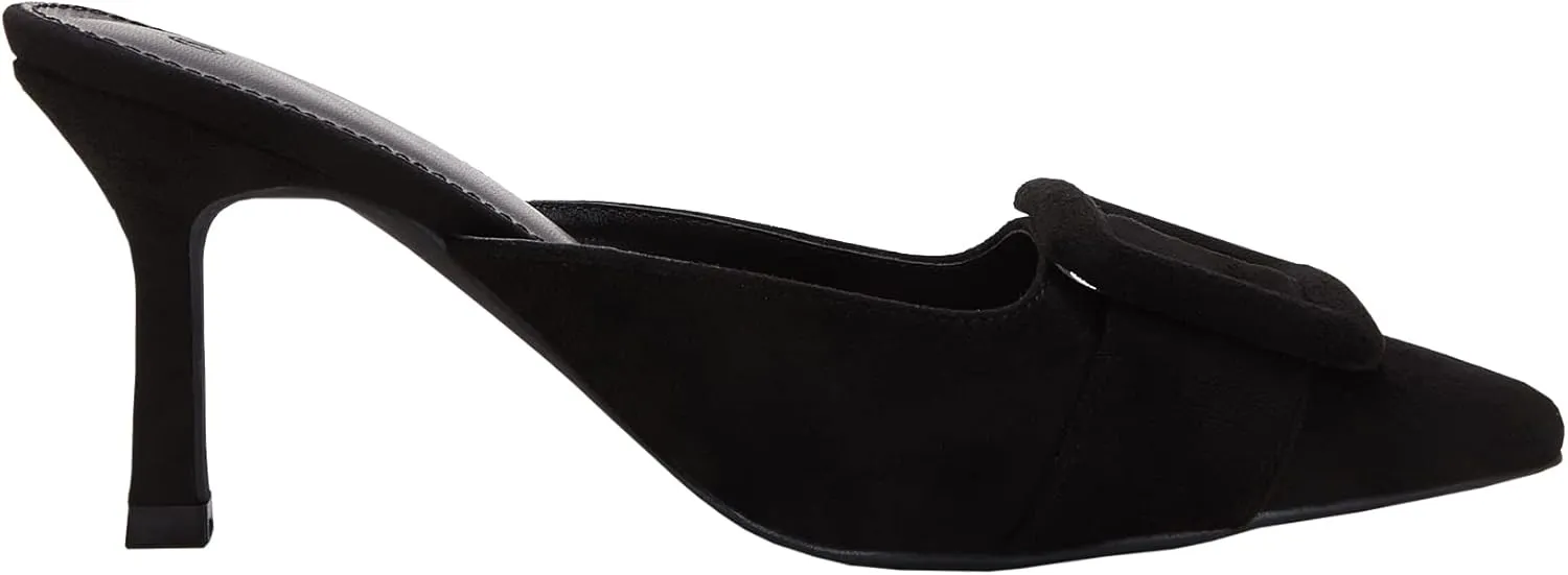 VETASTE Women's Heeled Mules Pointed Toe Suede Buckle Slip On Sandals Kitten Heels Party Wedding Shoes