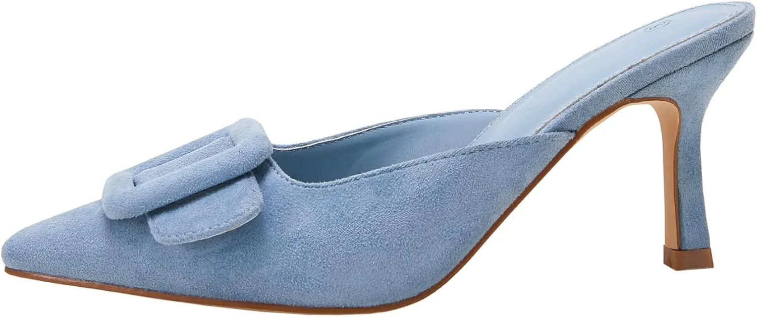 VETASTE Women's Heeled Mules Pointed Toe Suede Buckle Slip On Sandals Kitten Heels Party Wedding Shoes
