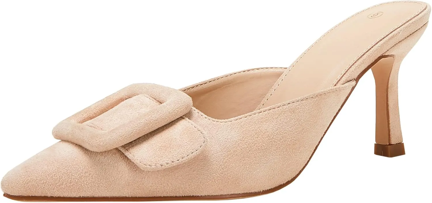 VETASTE Women's Heeled Mules Pointed Toe Suede Buckle Slip On Sandals Kitten Heels Party Wedding Shoes