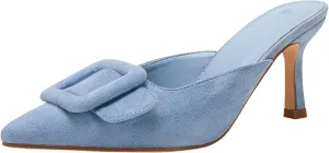 VETASTE Women's Heeled Mules Pointed Toe Suede Buckle Slip On Sandals Kitten Heels Party Wedding Shoes