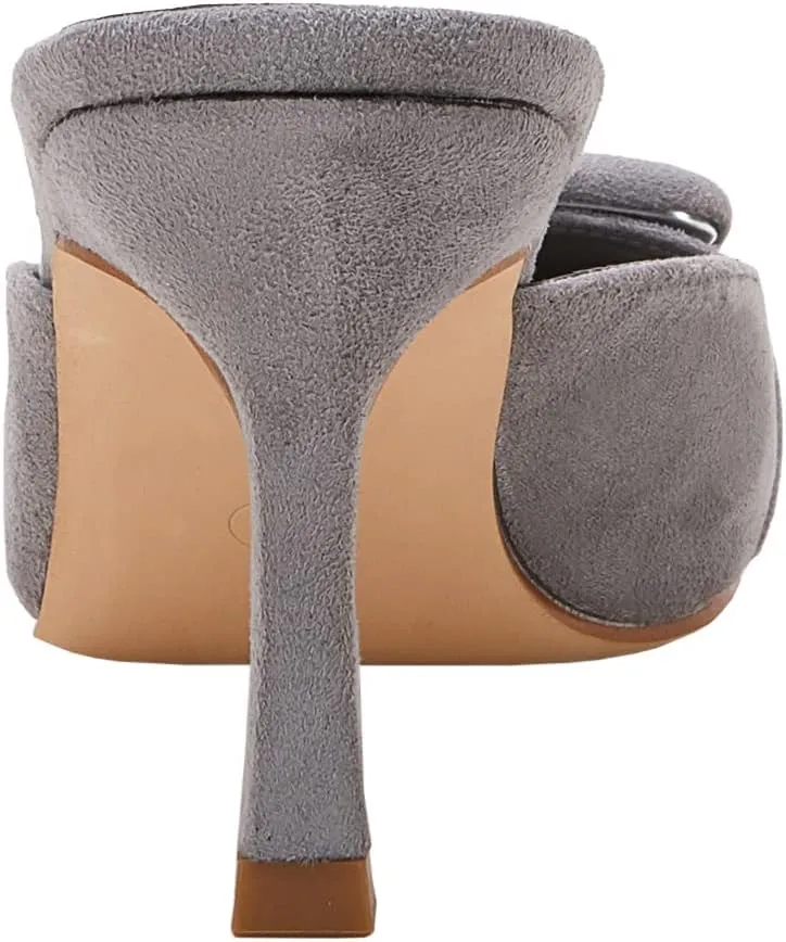 VETASTE Women's Heeled Mules Pointed Toe Suede Buckle Slip On Sandals Kitten Heels Party Wedding Shoes
