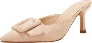 VETASTE Women's Heeled Mules Pointed Toe Suede Buckle Slip On Sandals Kitten Heels Party Wedding Shoes