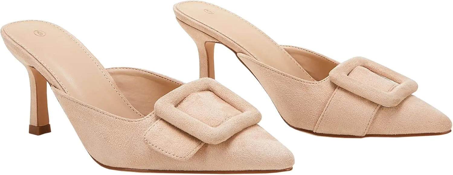 VETASTE Women's Heeled Mules Pointed Toe Suede Buckle Slip On Sandals Kitten Heels Party Wedding Shoes