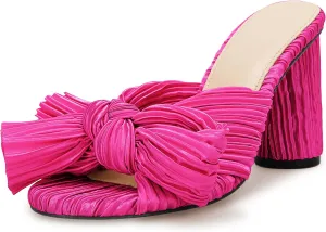 VETASTE Women's Pleated Bow Knot Heeled Sandals Comfortable Slip On Open Toe Block Chunky Heel Slides Bridal Wedding Dress Shoes