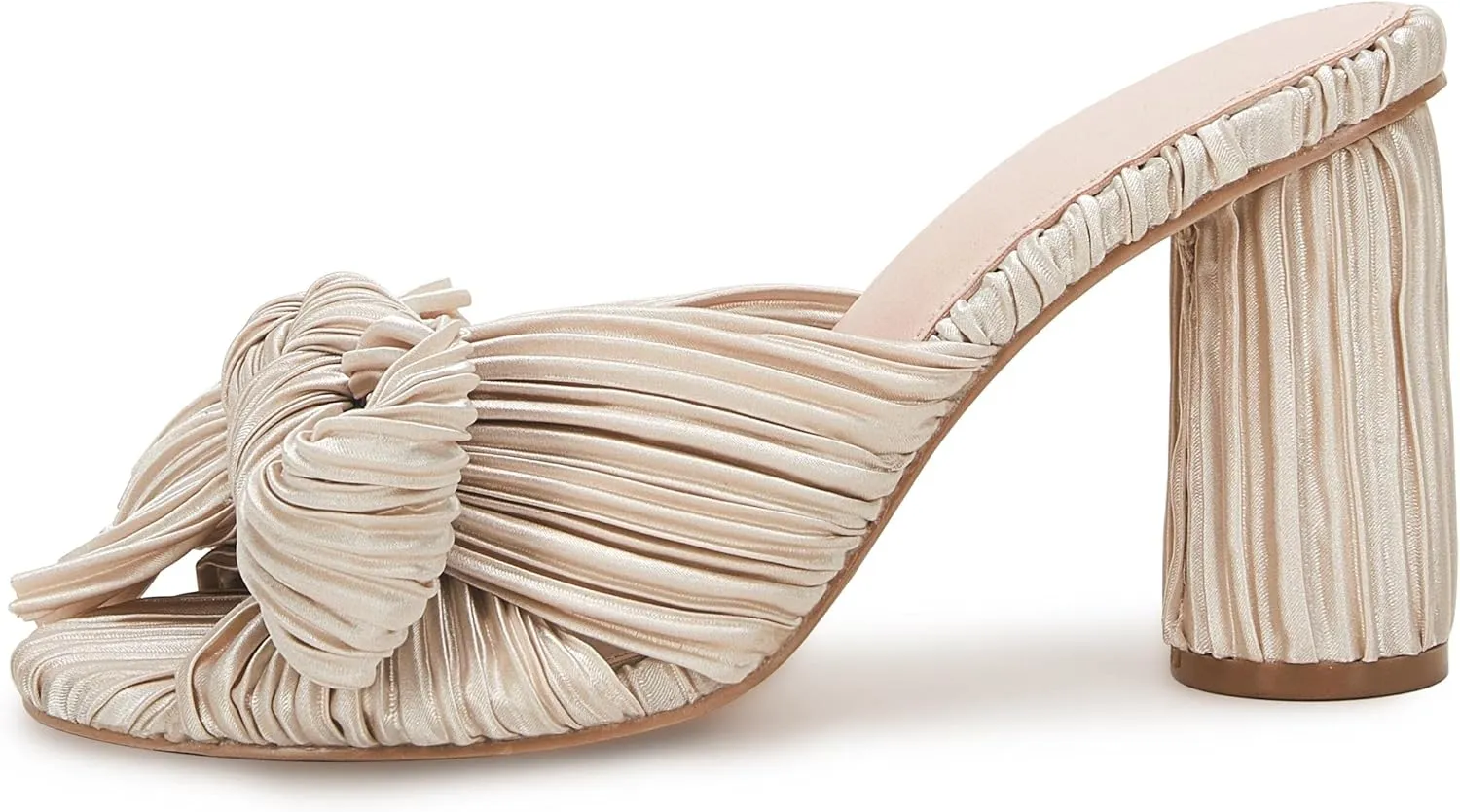 VETASTE Women's Pleated Bow Knot Heeled Sandals Comfortable Slip On Open Toe Block Chunky Heel Slides Bridal Wedding Dress Shoes