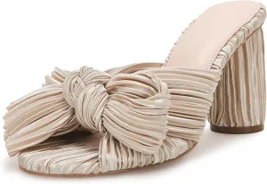 VETASTE Women's Pleated Bow Knot Heeled Sandals Comfortable Slip On Open Toe Block Chunky Heel Slides Bridal Wedding Dress Shoes