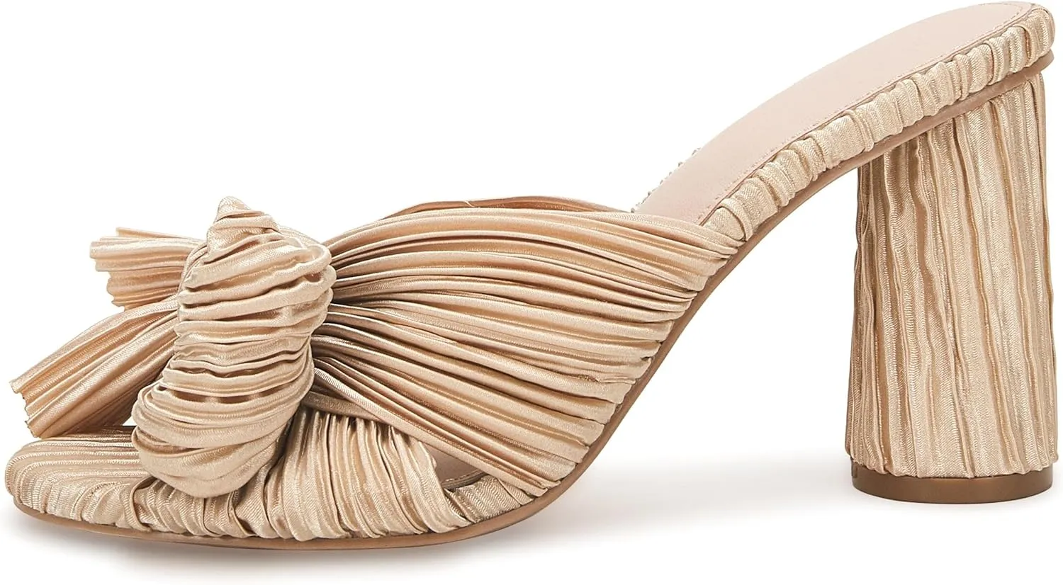 VETASTE Women's Pleated Bow Knot Heeled Sandals Comfortable Slip On Open Toe Block Chunky Heel Slides Bridal Wedding Dress Shoes
