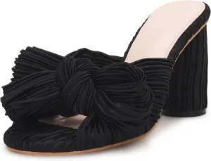 VETASTE Women's Pleated Bow Knot Heeled Sandals Comfortable Slip On Open Toe Block Chunky Heel Slides Bridal Wedding Dress Shoes