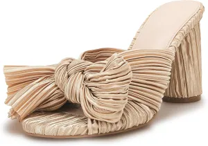 VETASTE Women's Pleated Bow Knot Heeled Sandals Comfortable Slip On Open Toe Block Chunky Heel Slides Bridal Wedding Dress Shoes