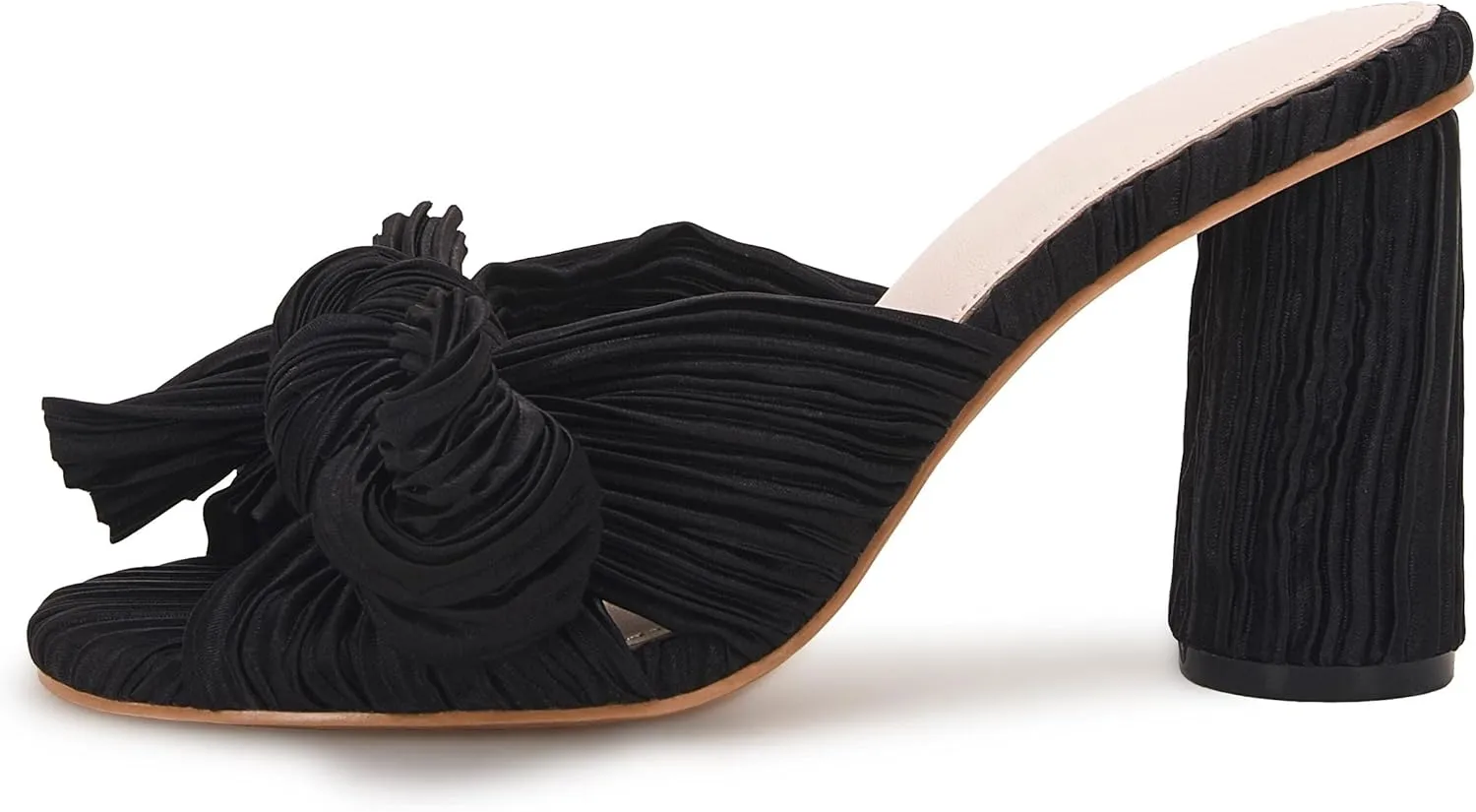 VETASTE Women's Pleated Bow Knot Heeled Sandals Comfortable Slip On Open Toe Block Chunky Heel Slides Bridal Wedding Dress Shoes
