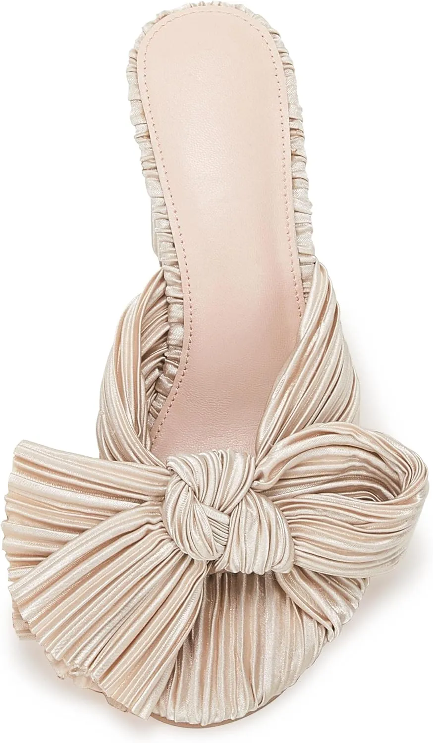 VETASTE Women's Pleated Bow Knot Heeled Sandals Comfortable Slip On Open Toe Block Chunky Heel Slides Bridal Wedding Dress Shoes