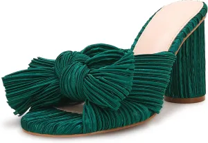 VETASTE Women's Pleated Bow Knot Heeled Sandals Comfortable Slip On Open Toe Block Chunky Heel Slides Bridal Wedding Dress Shoes