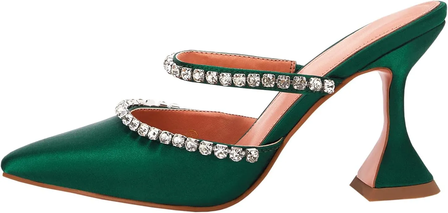 VETASTE Women's Pointed Toe Strappy Heels Crystal Satin Heeled Mules Wedding Party Shoes