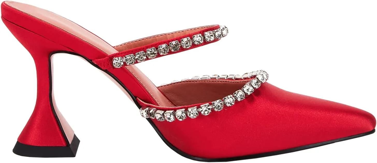 VETASTE Women's Pointed Toe Strappy Heels Crystal Satin Heeled Mules Wedding Party Shoes