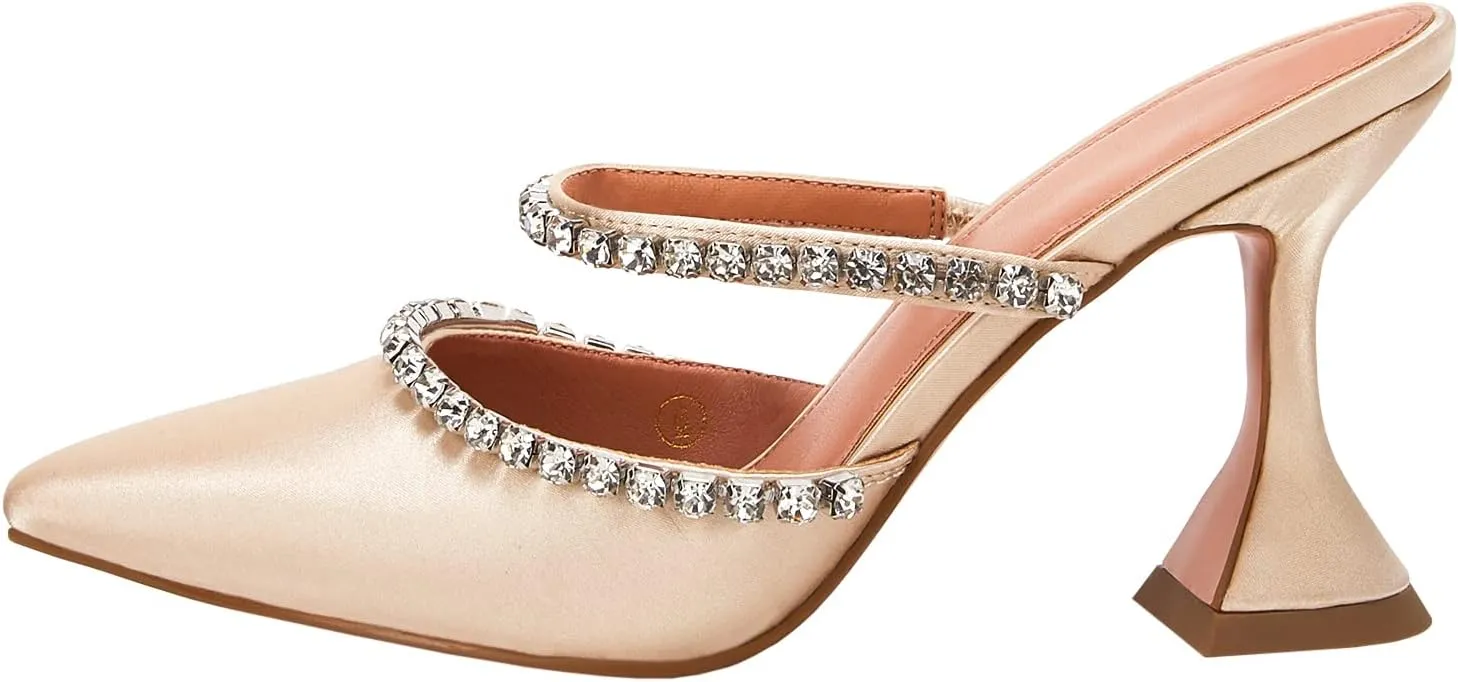 VETASTE Women's Pointed Toe Strappy Heels Crystal Satin Heeled Mules Wedding Party Shoes