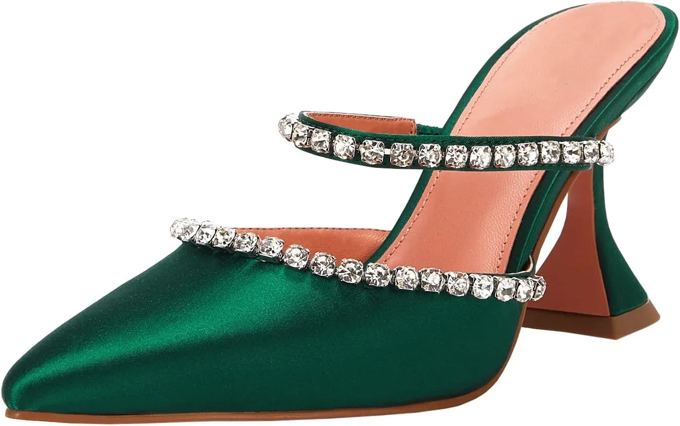 VETASTE Women's Pointed Toe Strappy Heels Crystal Satin Heeled Mules Wedding Party Shoes
