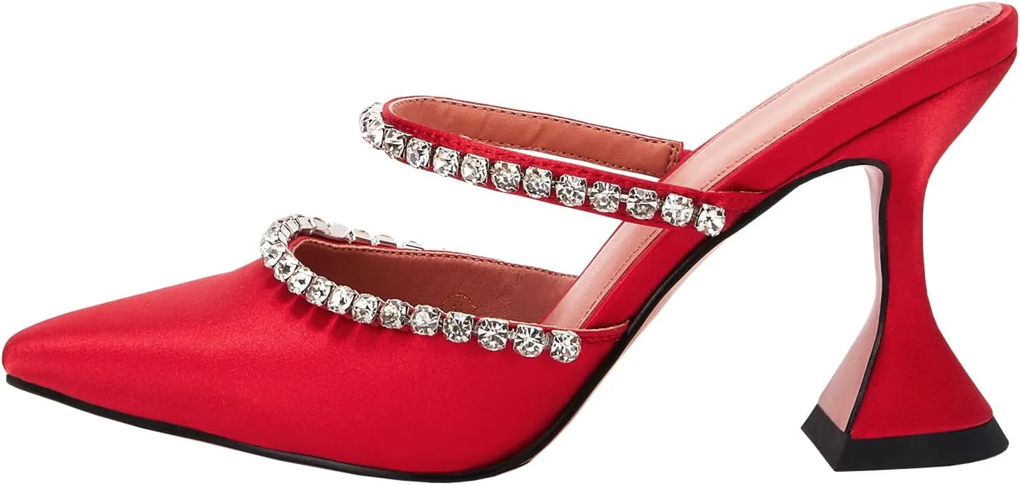 VETASTE Women's Pointed Toe Strappy Heels Crystal Satin Heeled Mules Wedding Party Shoes