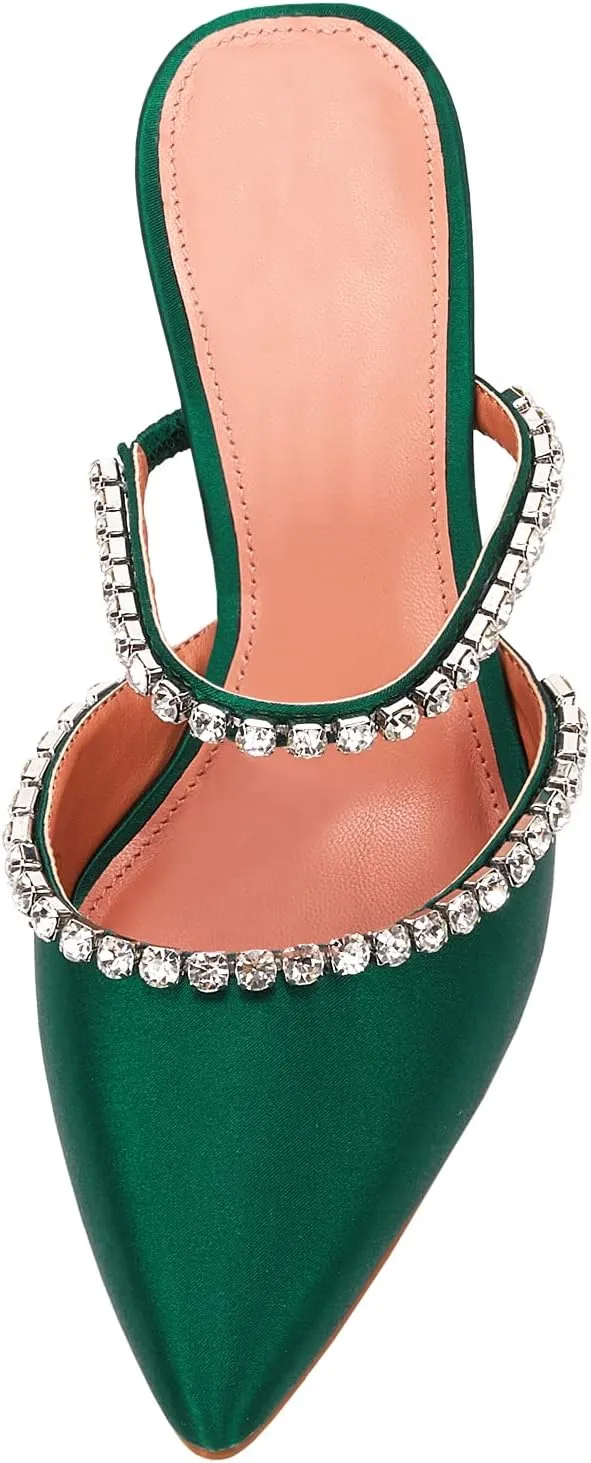 VETASTE Women's Pointed Toe Strappy Heels Crystal Satin Heeled Mules Wedding Party Shoes