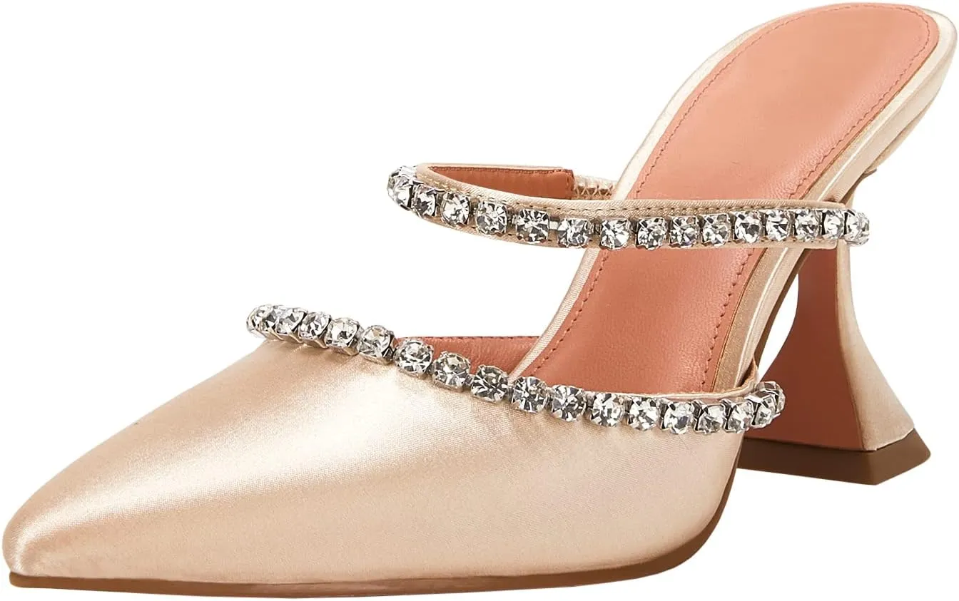 VETASTE Women's Pointed Toe Strappy Heels Crystal Satin Heeled Mules Wedding Party Shoes