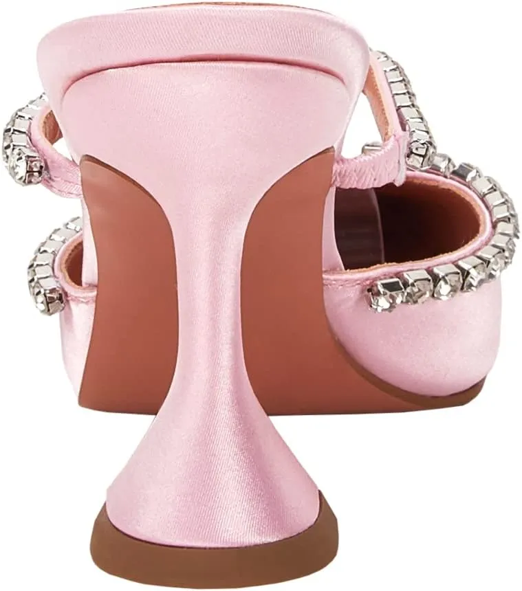 VETASTE Women's Pointed Toe Strappy Heels Crystal Satin Heeled Mules Wedding Party Shoes