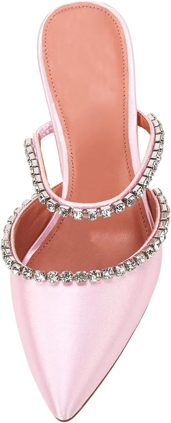 VETASTE Women's Pointed Toe Strappy Heels Crystal Satin Heeled Mules Wedding Party Shoes