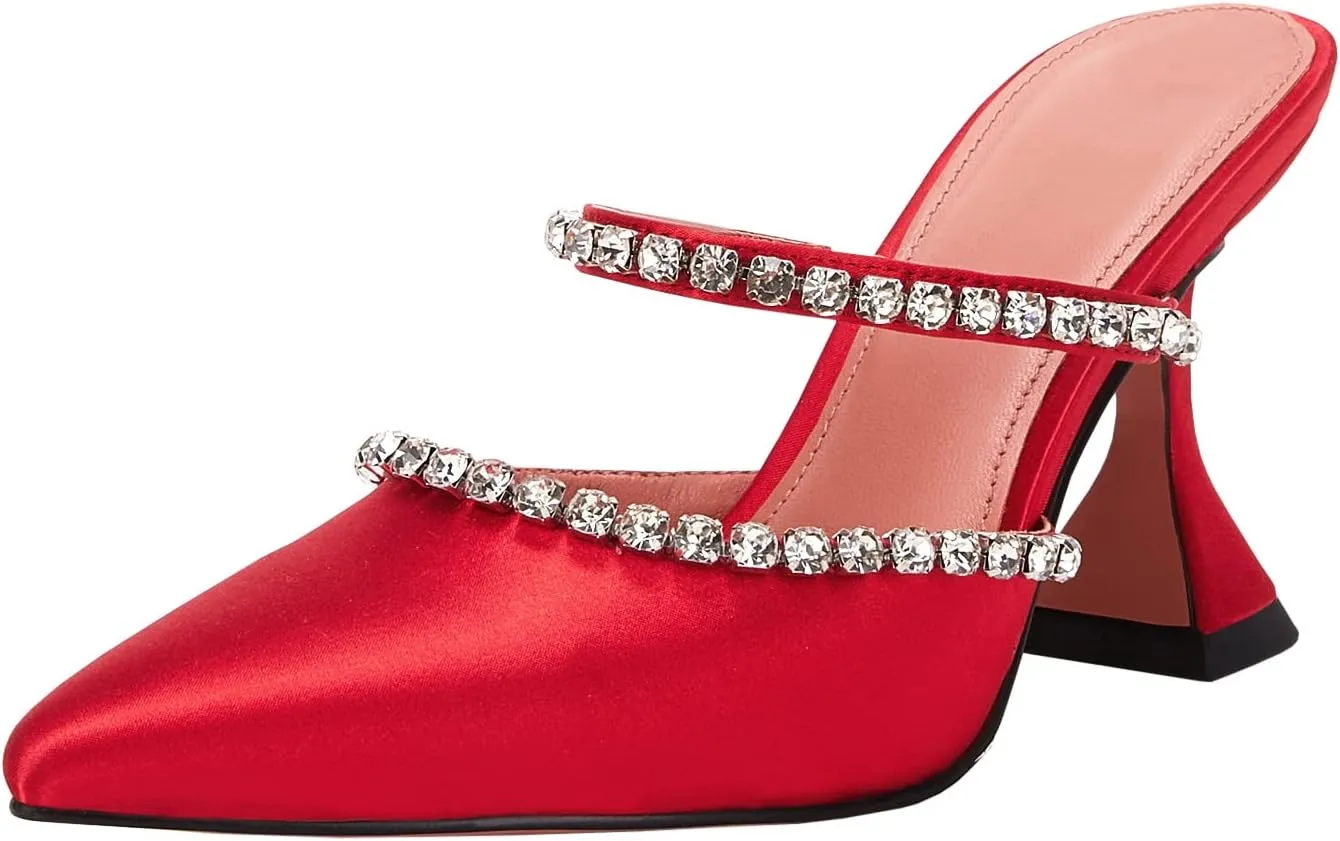 VETASTE Women's Pointed Toe Strappy Heels Crystal Satin Heeled Mules Wedding Party Shoes