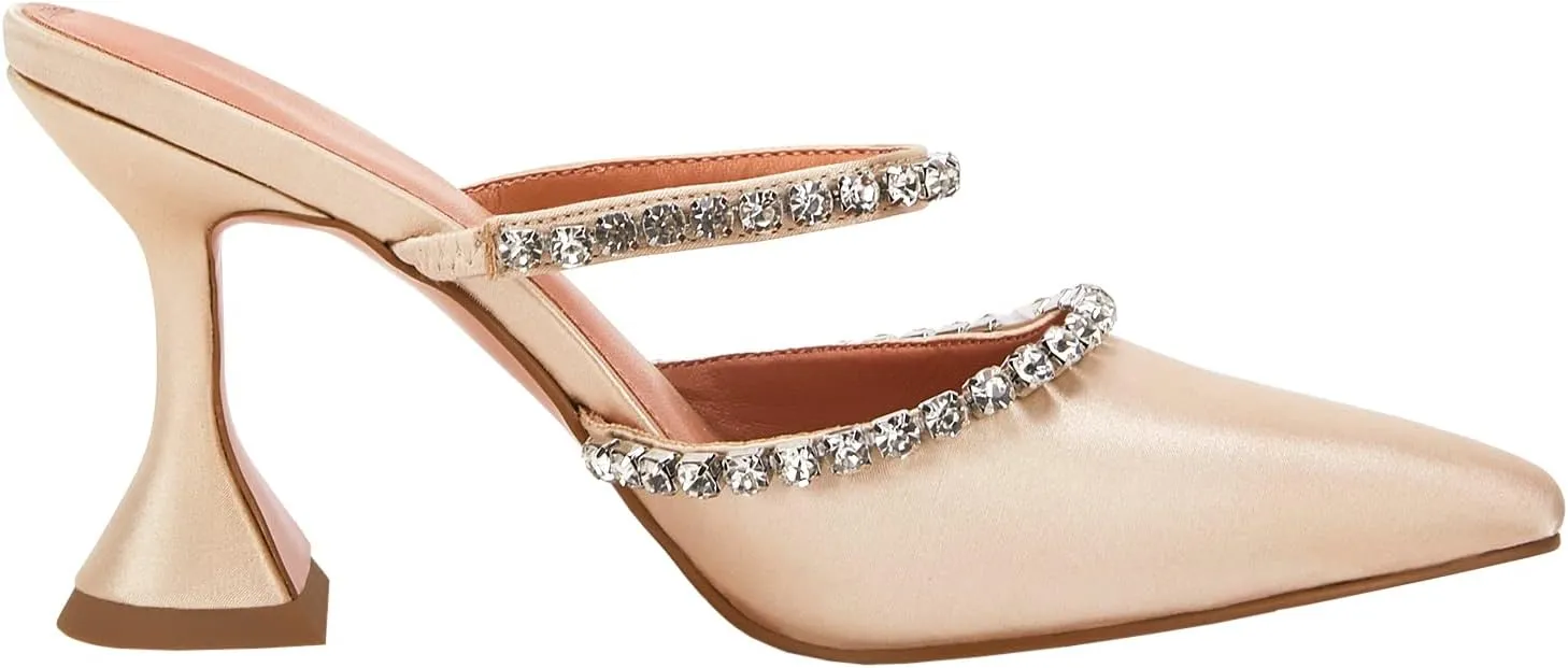 VETASTE Women's Pointed Toe Strappy Heels Crystal Satin Heeled Mules Wedding Party Shoes