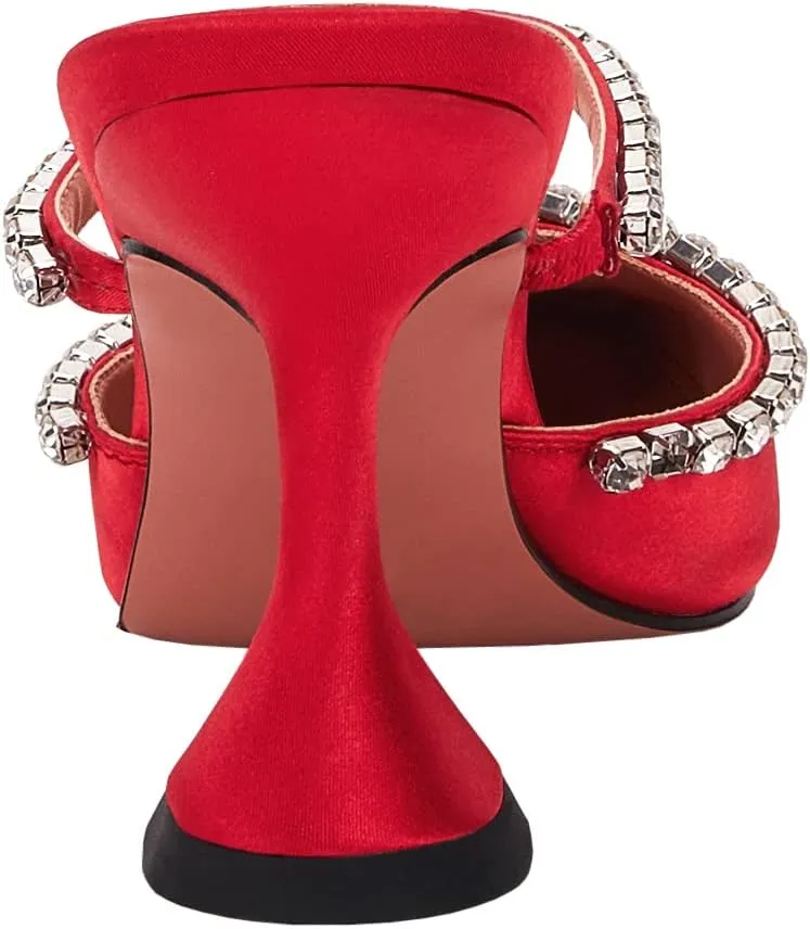 VETASTE Women's Pointed Toe Strappy Heels Crystal Satin Heeled Mules Wedding Party Shoes