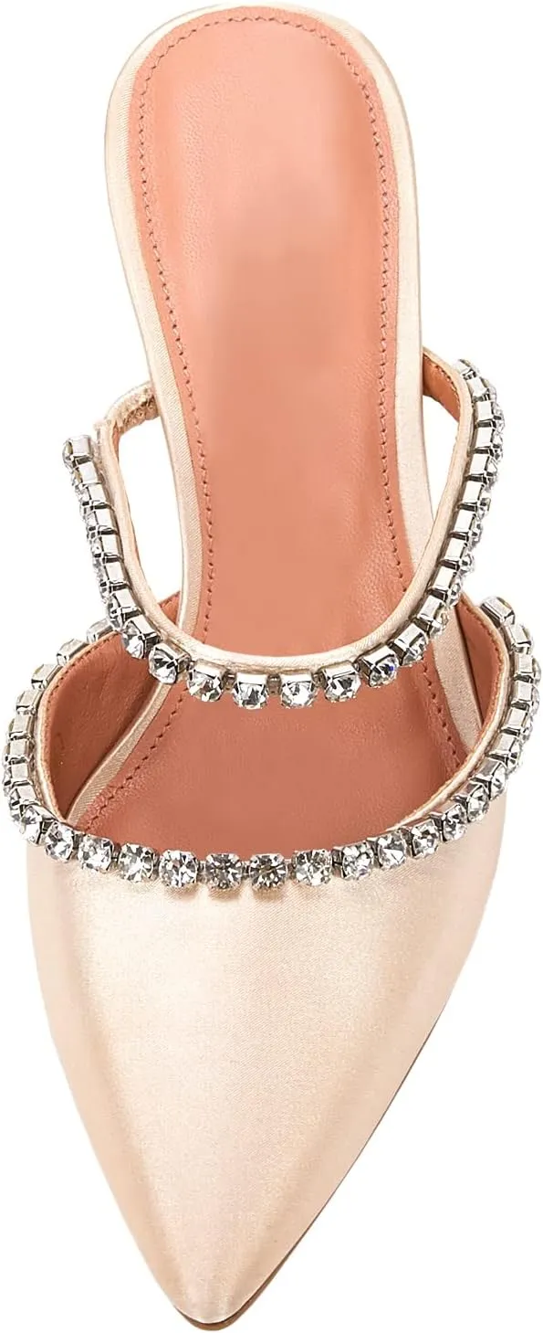 VETASTE Women's Pointed Toe Strappy Heels Crystal Satin Heeled Mules Wedding Party Shoes