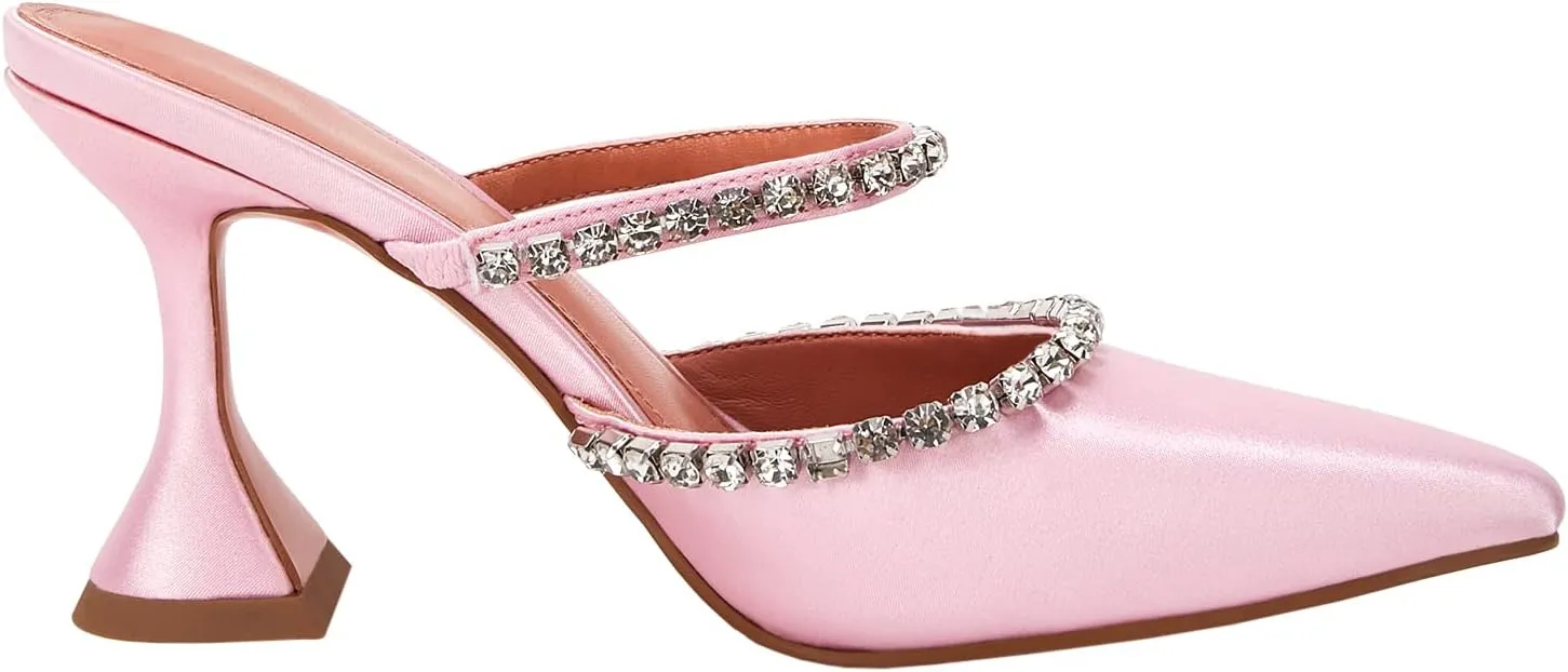VETASTE Women's Pointed Toe Strappy Heels Crystal Satin Heeled Mules Wedding Party Shoes