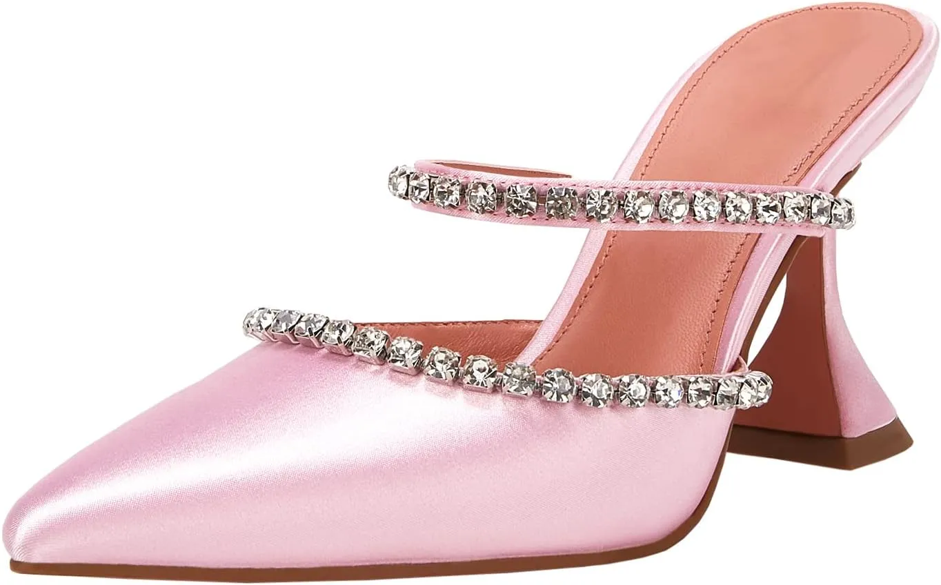 VETASTE Women's Pointed Toe Strappy Heels Crystal Satin Heeled Mules Wedding Party Shoes
