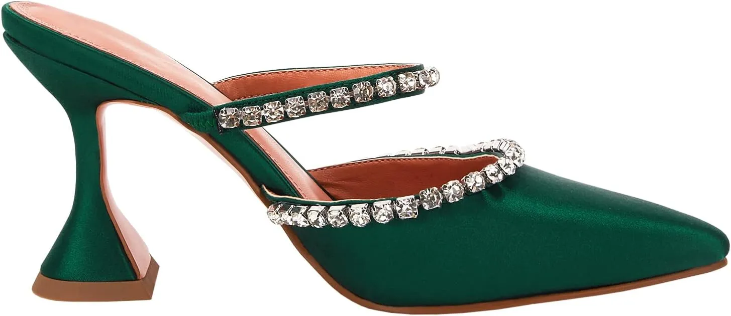 VETASTE Women's Pointed Toe Strappy Heels Crystal Satin Heeled Mules Wedding Party Shoes
