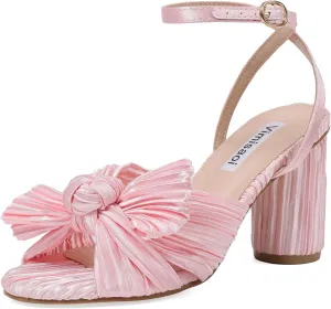 VIMISAOI Women's Bow Knot Heeled Sandals Open Toe High Block Chunky Heels Ankle Buckle Strap Pleated Bride Wedding Party Dress Shoes