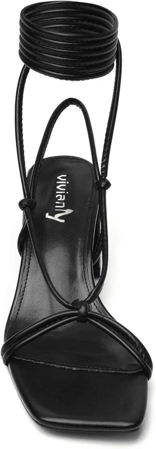 vivianly Women's Lace Up Chunky Heel Sandals Strappy Straps Ankle Wrap Heels