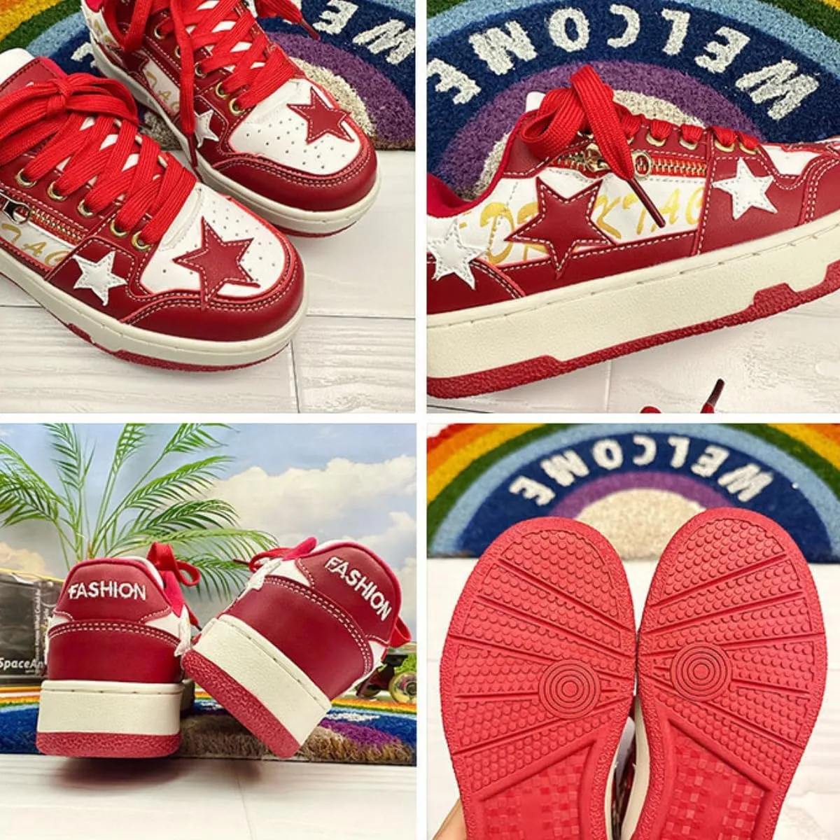 Walking Sneakers for Women Star Chunky Platform Red Skate Shoes Aesthetic Laces Up Streetwear Fit Well