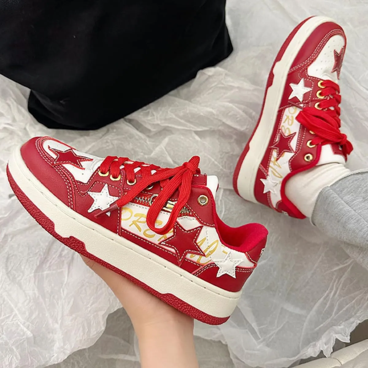 Walking Sneakers for Women Star Chunky Platform Red Skate Shoes Aesthetic Laces Up Streetwear Fit Well