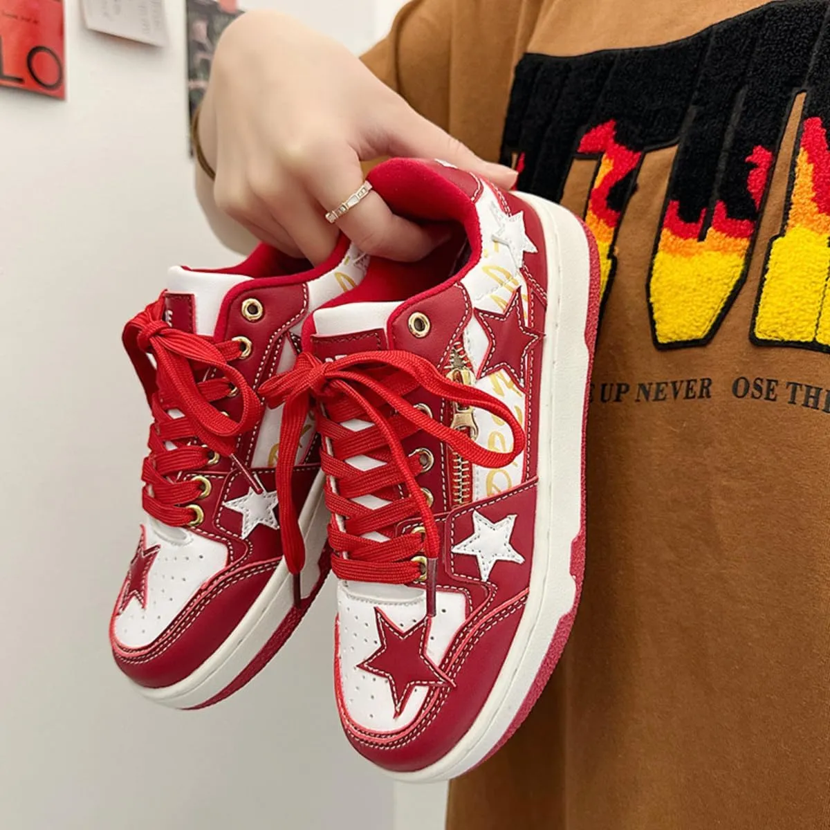 Walking Sneakers for Women Star Chunky Platform Red Skate Shoes Aesthetic Laces Up Streetwear Fit Well