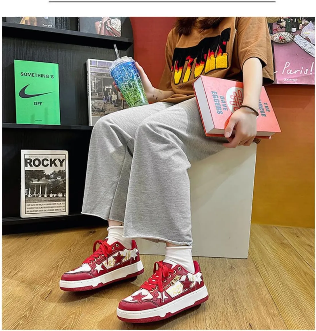 Walking Sneakers for Women Star Chunky Platform Red Skate Shoes Aesthetic Laces Up Streetwear Fit Well