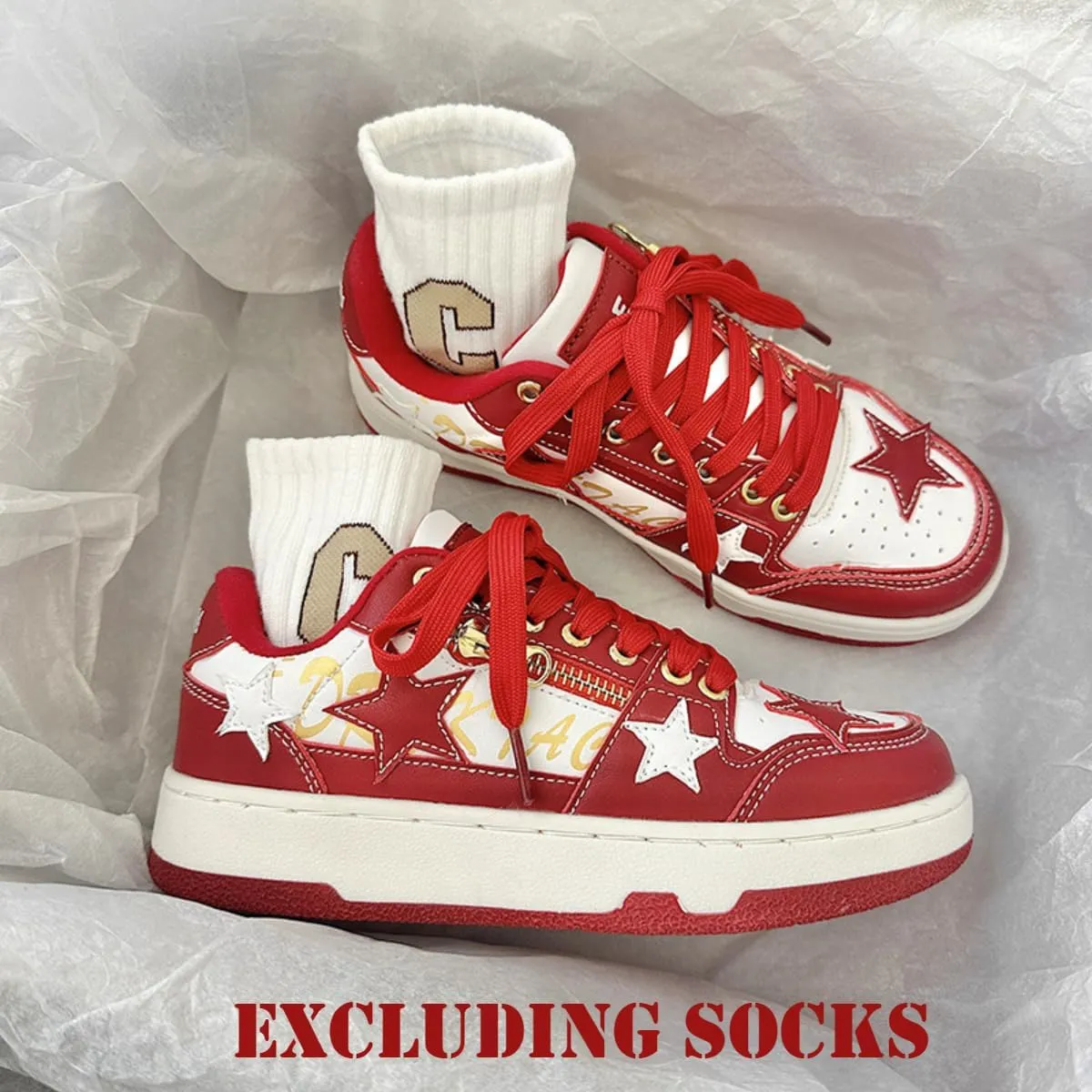 Walking Sneakers for Women Star Chunky Platform Red Skate Shoes Aesthetic Laces Up Streetwear Fit Well
