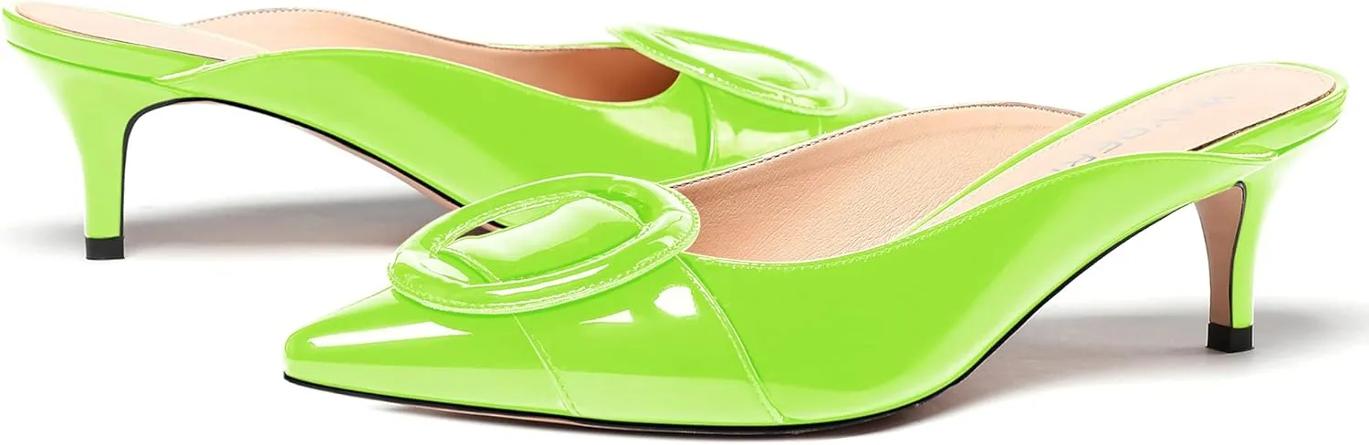 WAYDERNS Women's Slide Slip On Pointed Toe Patent Leather Kitten Low Heel Mules Shoes 2 Inch