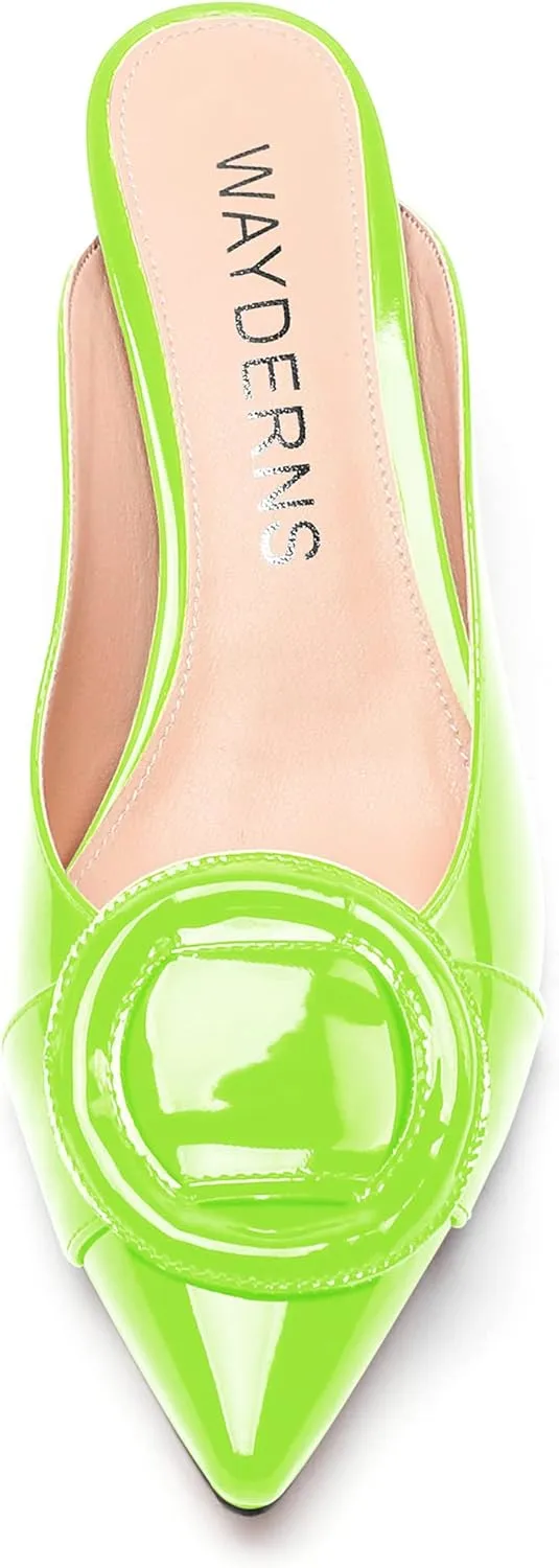 WAYDERNS Women's Slide Slip On Pointed Toe Patent Leather Kitten Low Heel Mules Shoes 2 Inch