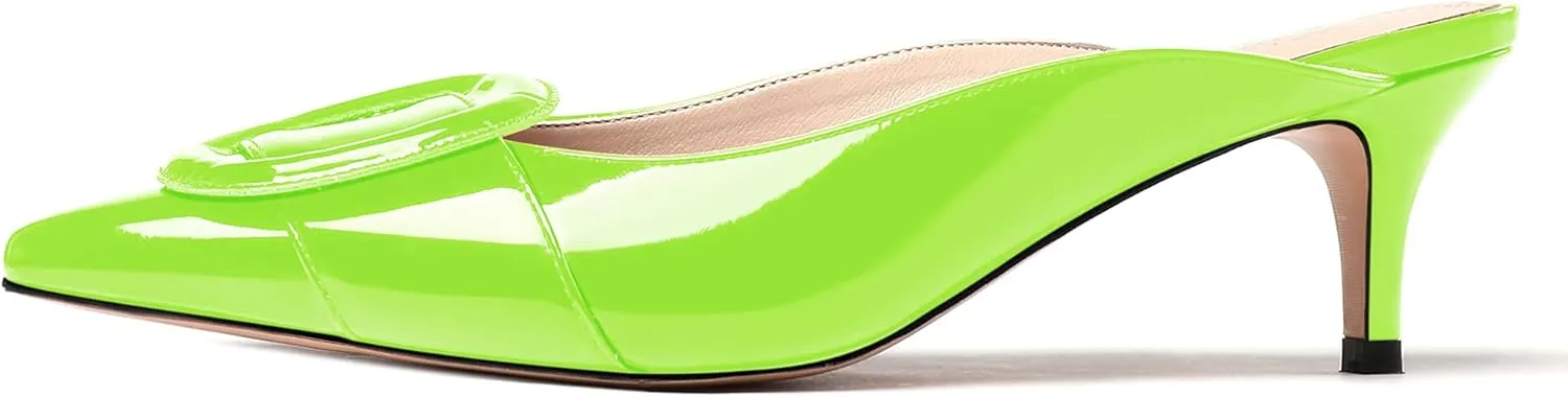 WAYDERNS Women's Slide Slip On Pointed Toe Patent Leather Kitten Low Heel Mules Shoes 2 Inch