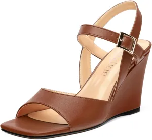 Wedge Sandals for Women, Square Open Toe Ankle Strap Adjustable Strap Matte Comfortable Casual Dating High Heeled Sandals 3.35 Inch