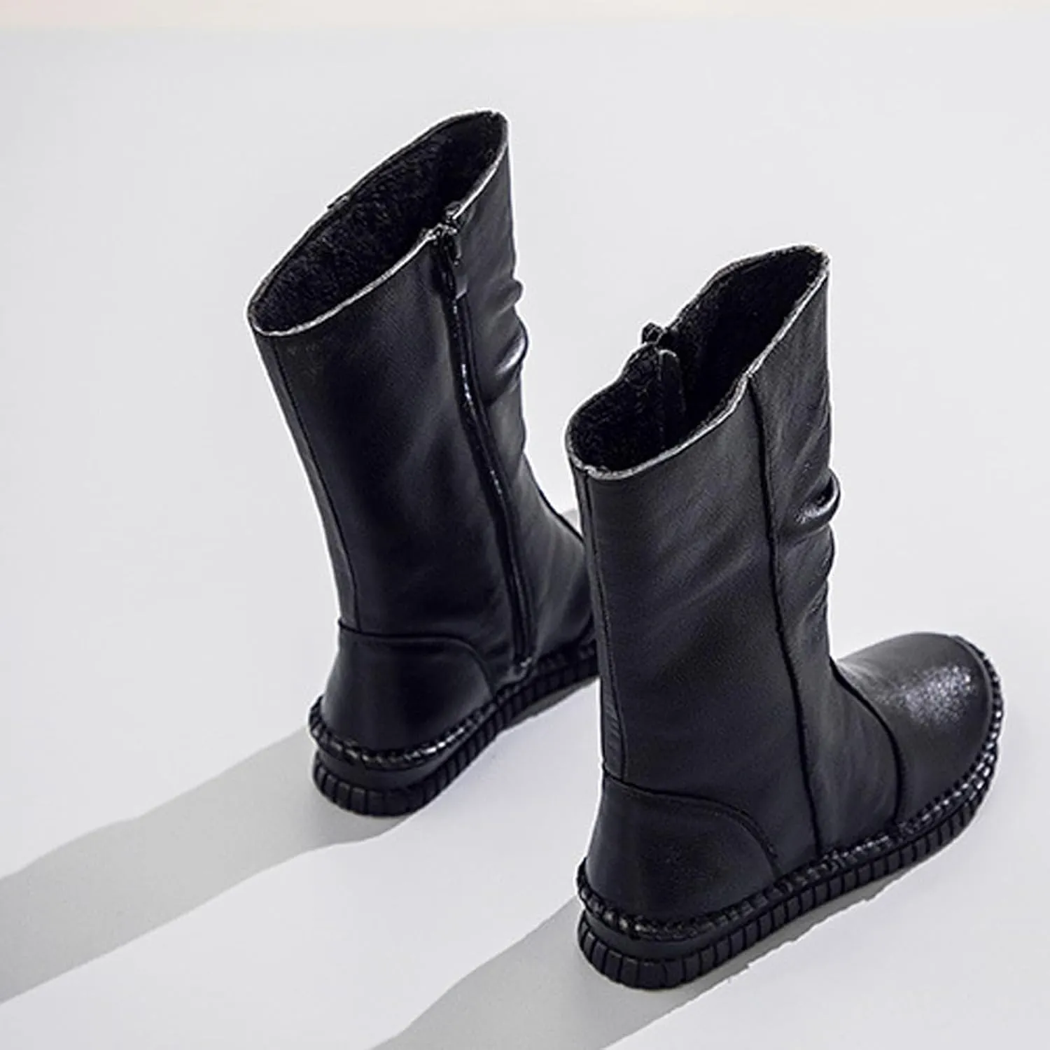 WENOREG Women's Hand Stitching Pleated Flat Mid Calf Boots,Fashion Leather Stitching Side Zipper Comfort Outdoor Anti-slip Work Walking Winter Boots Keep Warm Plush Lining Platform Boots