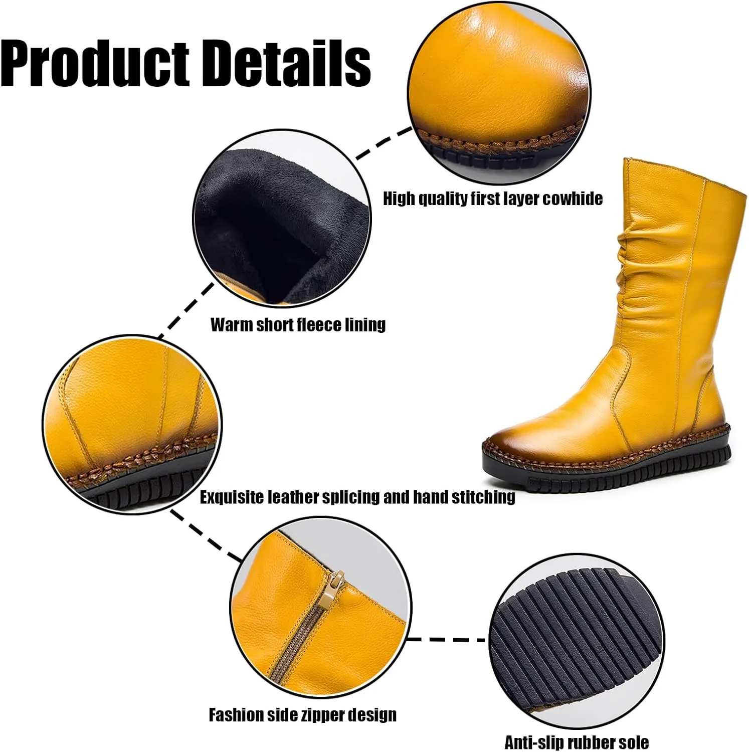 WENOREG Women's Hand Stitching Pleated Flat Mid Calf Boots,Fashion Leather Stitching Side Zipper Comfort Outdoor Anti-slip Work Walking Winter Boots Keep Warm Plush Lining Platform Boots