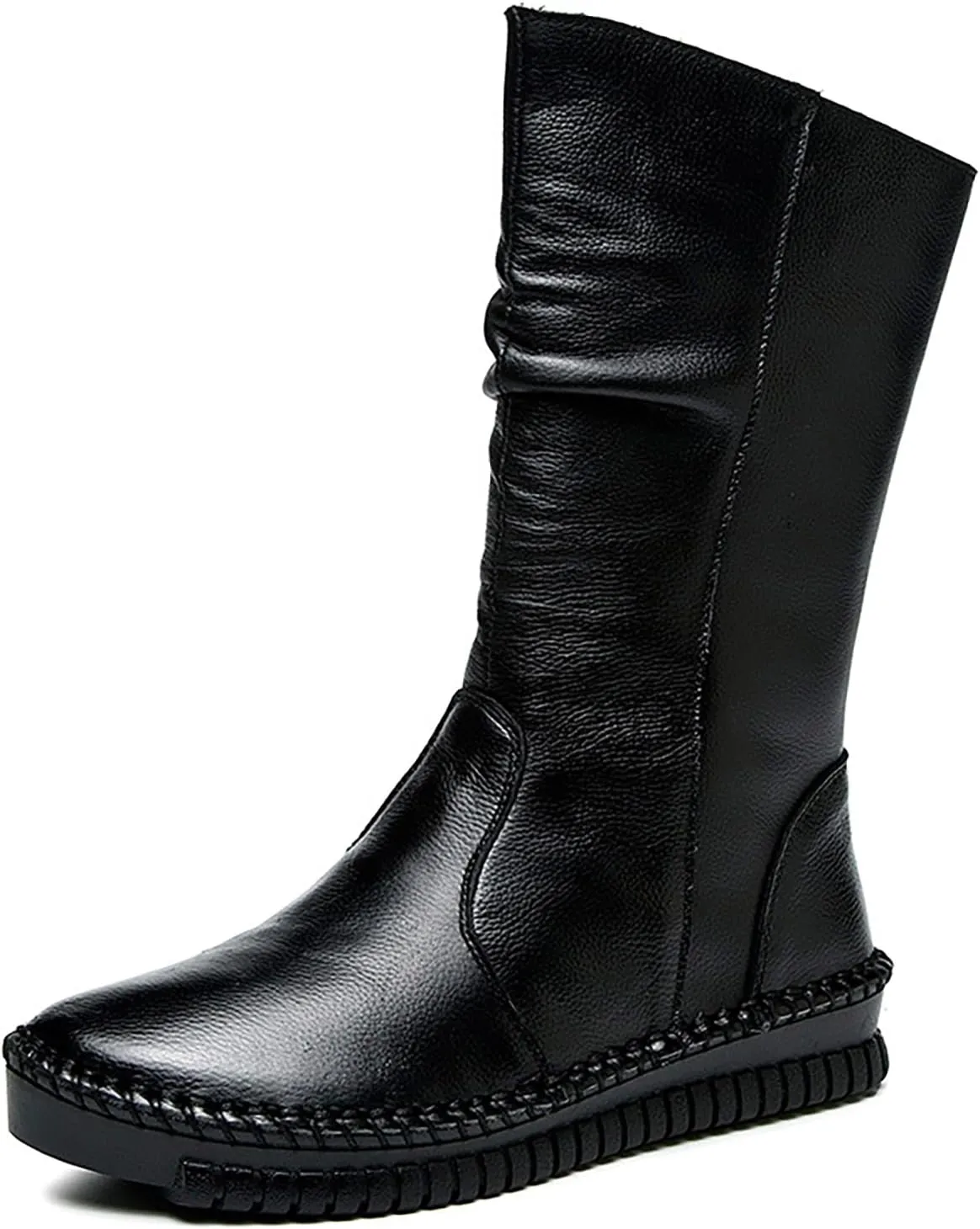 WENOREG Women's Hand Stitching Pleated Flat Mid Calf Boots,Fashion Leather Stitching Side Zipper Comfort Outdoor Anti-slip Work Walking Winter Boots Keep Warm Plush Lining Platform Boots