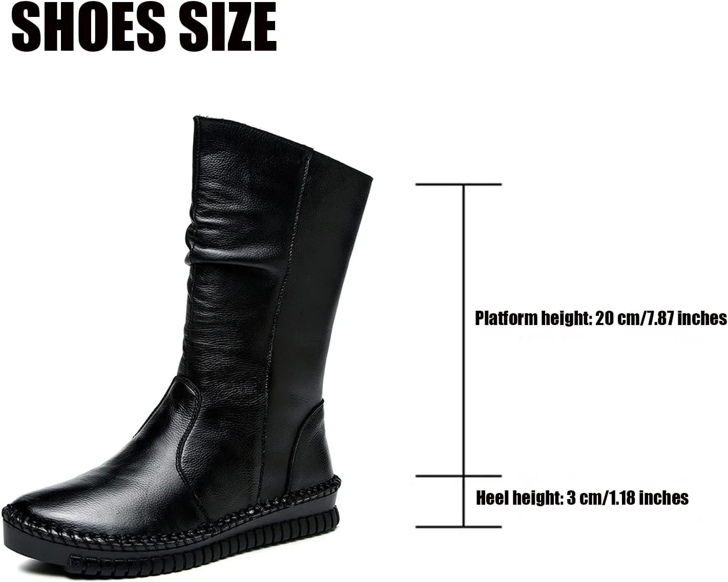 WENOREG Women's Hand Stitching Pleated Flat Mid Calf Boots,Fashion Leather Stitching Side Zipper Comfort Outdoor Anti-slip Work Walking Winter Boots Keep Warm Plush Lining Platform Boots